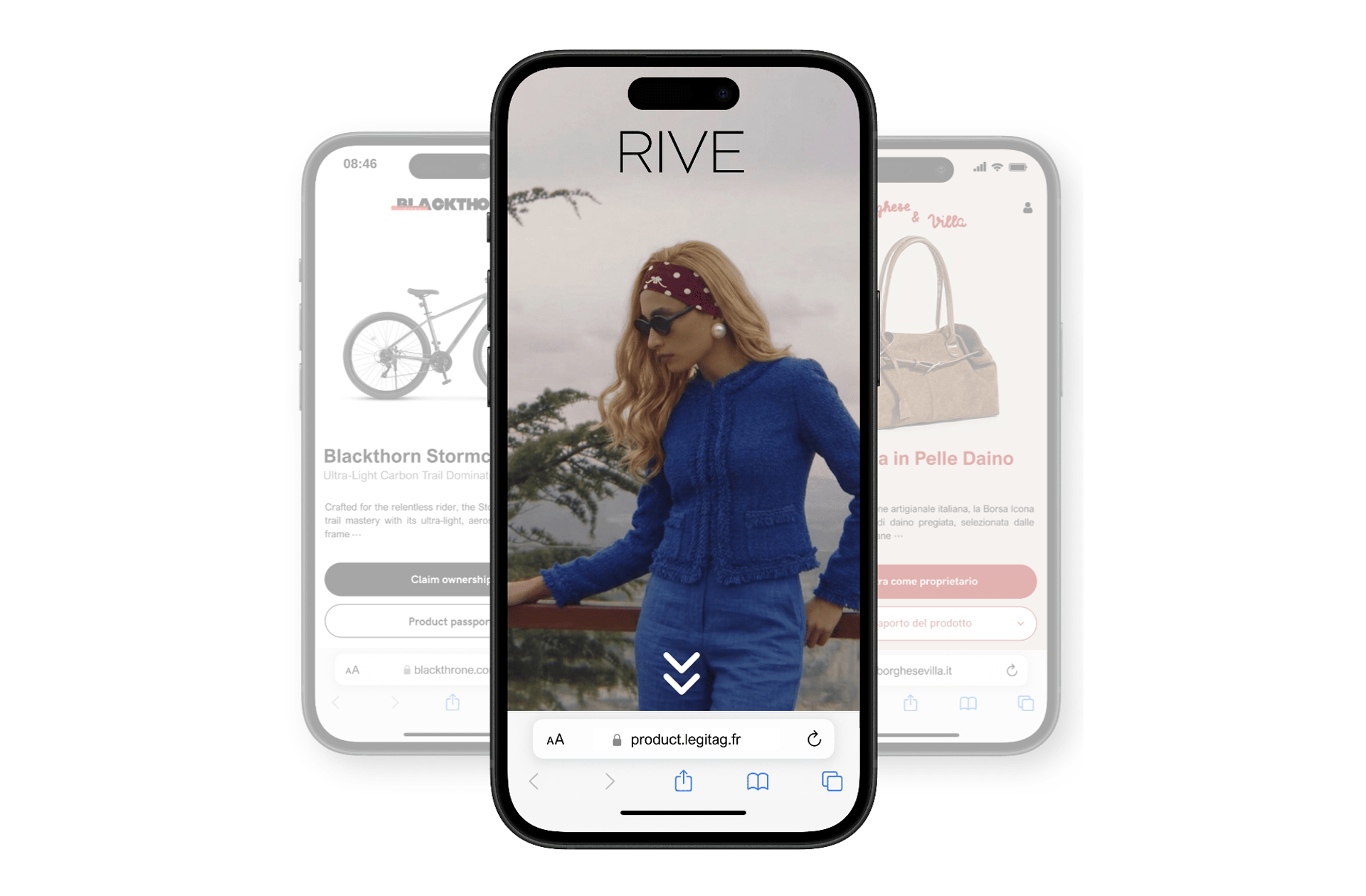 Branded digital product passport textile page displayed on three smartphones