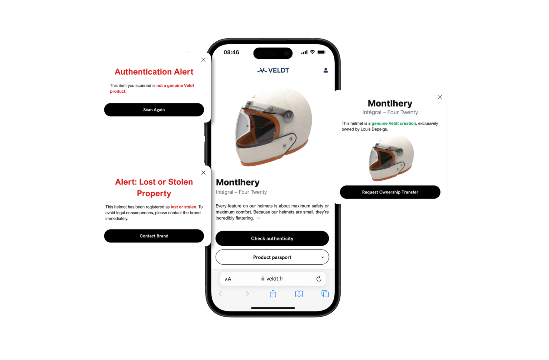 Phone displaying a motorcycle helmet, with three pop up windows : authentication alerts, lost or stolen alert, and a authenticated product pop up.